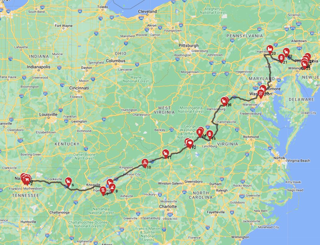 RV route a road trip with a motorhome from Nashville to Philadelphia